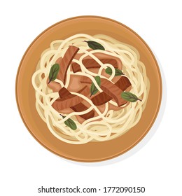 Uzbek Traditional Dish of Noodles with Meat Slices and Gravy Top View Vector Illustration