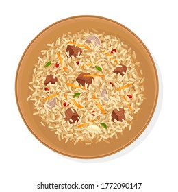 Uzbek Traditional Dish of Rice, Vegetables, Meat and Spices Called Pilaf Top View Vector Illustration