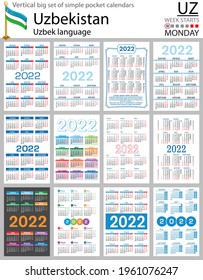Uzbek vertical Big set of pocket calendars for 2022 (two thousand twenty two). Week starts Monday. New year. Color simple design. Vector
