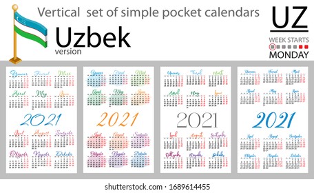 Conjunto vertical uzbeko de calendarios de bolsillo para 2021 (dos mil veintiún). La semana empieza el lunes. Año nuevo. Diseño sencillo en color. Vector