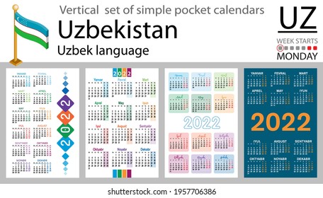 Uzbek vertical set of pocket calendars for 2022 (two thousand twenty two). Week starts Monday. New year. Color simple design. Vector