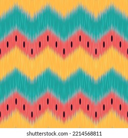 Patrón uzbeko de zigzag ikat. Colores amarillos, verdes y rojos con un tono tropical. Inspiración de la sandía. Tela tradicional de Uzbekistán, con decoración casera, muebles con cojines y diseño de moda.