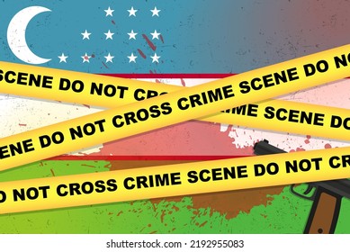 Banner vectorial de ataque armado en Uzbekistán, concepto de tiroteo, asalto armado con arma y mancha de sangre en la bandera de Uzbekistán, cinta amarilla de la policía, composición de escena del crimen, vista superior, diseño plano