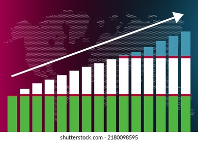 Uzbekistan bar chart graph, increasing values, country statistics concept, Uzbekistan country flag on bar graph, upward rising arrow on data, news banner idea