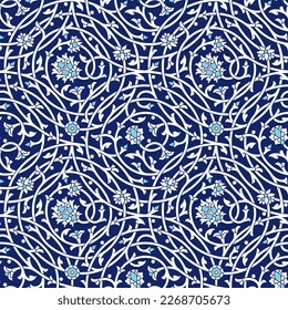 Uzbekistan Blue Floral Seamless Pattern for your design. Traditional Islamic Background. Mosque decoration element.