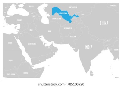Uzbekistan blue marked in political map of South Asia and Middle East. Simple flat vector map..