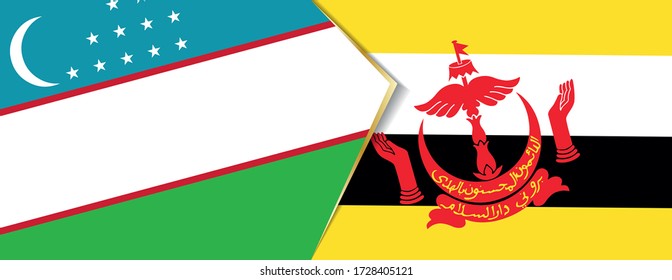 Usbekistan und Brunei Flaggen, zwei Vektorfahnen Symbol für Beziehung oder Konfrontation.