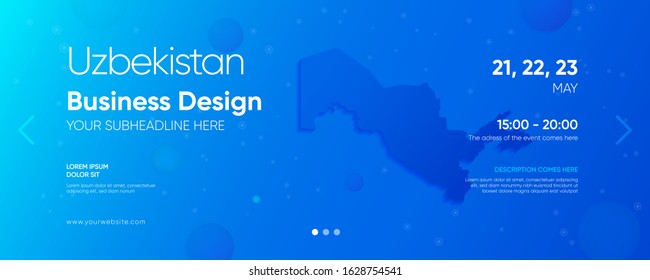 Uzbekistan business design template with its own map and various design elements on the blue gradient background for web.