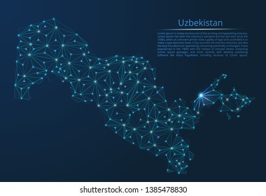 Uzbekistan communication network map. Vector low poly image of a global map with lights in the form of cities in or population density consisting of points and shapes in the form of stars and space.