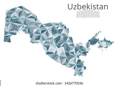 Uzbekistan communication network map. Vector low poly image of a global map with lights in the form of cities in or population density consisting of points and shapes and space. Easy to edit