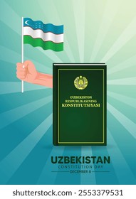 Dia da Constituição do Uzbequistão 8 de dezembro mão com cartaz de vetor de bandeira