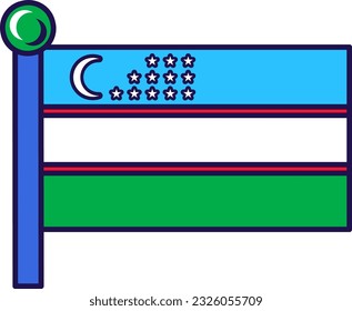 Uzbekistan country nation flag on flagpole vector. Horizontal triband of azure, white and green, crescent and stars on traditional symbol of asian territory flat cartoon illustration