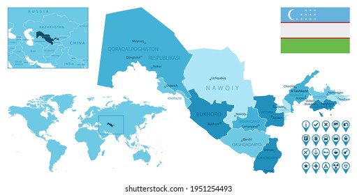 Uzbekistan detailed administrative blue map with country flag and location on the world map.