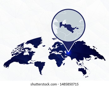 Uzbekistan detailed map highlighted on blue rounded World Map. Map of Uzbekistan in circle.