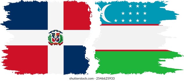 Uzbekistan and Dominican Republic grunge flags connection, vector