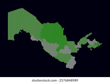 Uzbekistan dotted map. Digital style map of the country on dark background. Uzbekistan shape with circle dots. Colored dots style. Small size circles. Creative vector illustration.