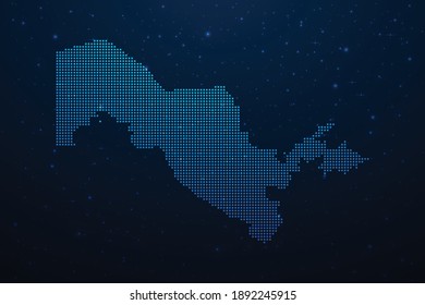 Uzbekistan dotted map in futuristic style, glowing outline made of stars lines dots. Communication, internet technologies concept on dark blue space background. Vector illustration.