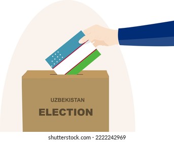 Uzbekistan election and vote concept, political selection, man hand and ballot box, democracy and human rights idea, election day, vector asset with Uzbekistan flag