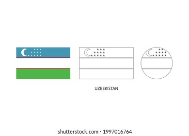 Uzbekistan flag 3 versions, Vector illustration, Thin black line of rectangle and the circle on white background.