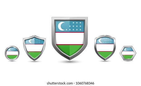 Uzbekistan flag badges - silver shape shield circle hexagon - vector illustration