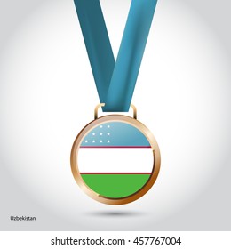 Uzbekistan Flag in Bronze Medal. Vector Illustration. RIO Olympic Game Bronze Medal. Vector Illustration