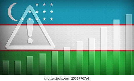 Uzbekistan flag with burlap texture, warning sign, and rising bar chart symbolizing increasing risk or growth challenges in the country. Ideal for data presentations.