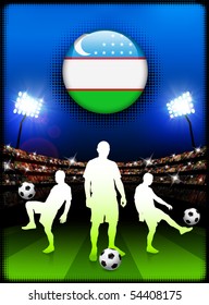 Uzbekistan Flag Button with Soccer Match in Stadium Original Illustration