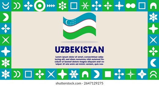 Uzbekistan Flag Design banner with cultural design. Independence day design for Uzbekistan celebration. Modern neo geometric retro design with flag, showcasing national pride and heritage.
