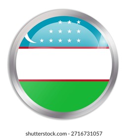 Uzbekistan flag - glossy circle button in metal frame displays a colorful flag of a country cultural identity and heritage. The essence of national pride and unity.