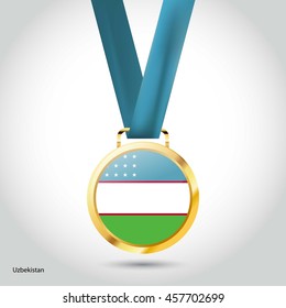 Uzbekistan Flag in gold Medal. Vector Illustration. RIO Olympic Game gold Medal. Vector Illustration