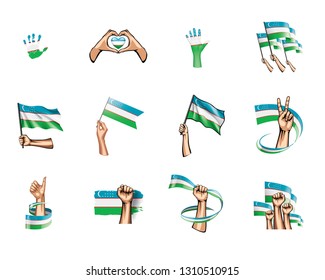 Uzbekistan flag and hand on white background. Vector illustration