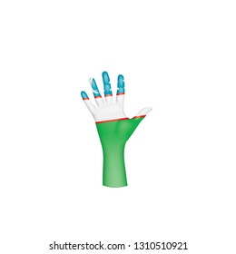 Uzbekistan flag and hand on white background. Vector illustration