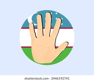 Usbekistan-Fahne mit Handstopp-Schild, Protest- und Menschenrechtsidee, Vektorgrafik-Design, Protest in Usbekistan, Einschränkung oder verbotenes Emblem, Verletzung der Meinungsfreiheit, Stopp War