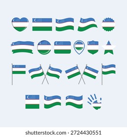 Conjunto de iconos de la bandera de Uzbekistán Vector aislado sobre un fondo gris. Elemento de Diseño gráfico de la bandera uzbeka. Bandera de la colección de símbolos de Uzbekistán. Conjunto de iconos de la bandera de Uzbekistán en estilo plano