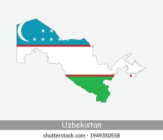 Uzbekistan Flag Map. Map of the Republic of Uzbekistan with the Uzbek national flag isolated on a white background. Vector Illustration.