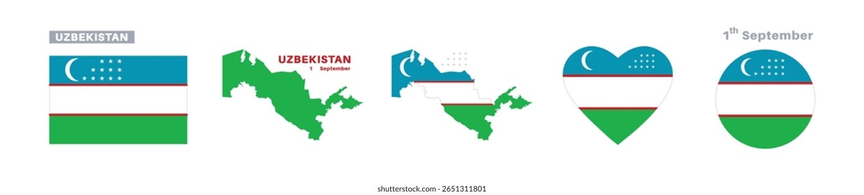 usbekische Flagge und Landkarte. usbekische Flagge in offiziellen Farben und Proportionen. Unabhängigkeitstag 1 September , Karte, Kreis und Herz geformt Usbekistan