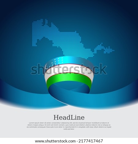 Uzbekistan flag, mosaic map on blue white background. Cover for uzbek business booklet. Wavy ribbon with the uzbekistan flag. Vector banner design, national poster. State patriotic, flyer, brochure