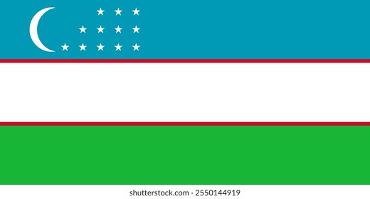 Uzbekistan flag in official colors, dimensions and aspect ratio. Vector flag symbolizing national pride, identity, heritage, patriotism and authority