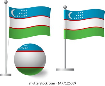 Uzbekistan flag on pole and ball. Metal flagpole. National flag of Uzbekistan vector illustration