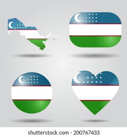 Uzbekistan flag set in map, oval, circular and heart shape. 