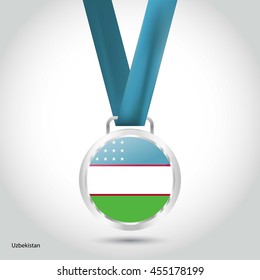 Uzbekistan Flag in Silver Medal. Vector Illustration. RIO Olympic Game silver Medal. Vector IllustrationOlympic medal, rio, brazil, Rio 2016, 2016, olympic, rio de janeiro