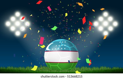 Uzbekistan flag in soccer ball with confetti in stadium to celebrate for football match in night time with spot light backdrop, This design for sport template , banner in vector illustration