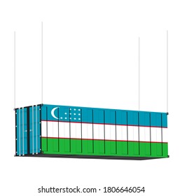 Uzbekistan flag symbol on cargo containers hang by chain, the concept import and export business of country.