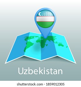 Uzbekistan flag world map in pin with name of country