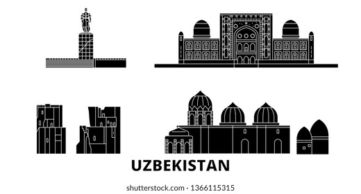 Uzbekistan flat travel skyline set. Uzbekistan black city vector illustration, symbol, travel sights, landmarks.