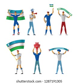 Uzbekistan football fans. Cheerful soccer supporters crowd. vector illustration.
