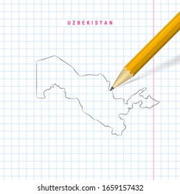 Uzbekistan freehand pencil sketch outline map on white background. Realistic 3D pencil with soft shadow.