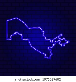 Uzbekistan glowing neon sign on brick wall background