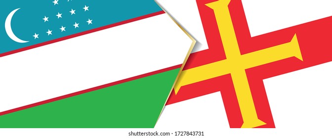 Uzbekistan and Guernsey flags, two vector flags symbol of relationship or confrontation.