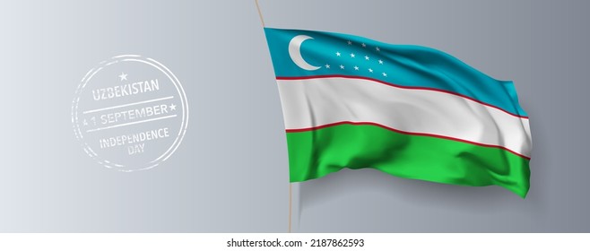 Uzbekistan happy independence day greeting card, banner with template text vector illustration. Uzbek memorial holiday 1st of September design element with 3D flag with stripes